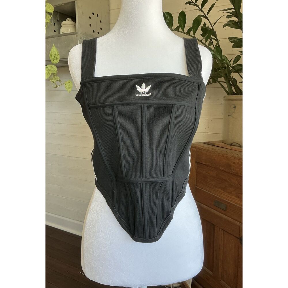 Adidas Originals Black Ribbed Corset Top Y2K Tank Top XS/S